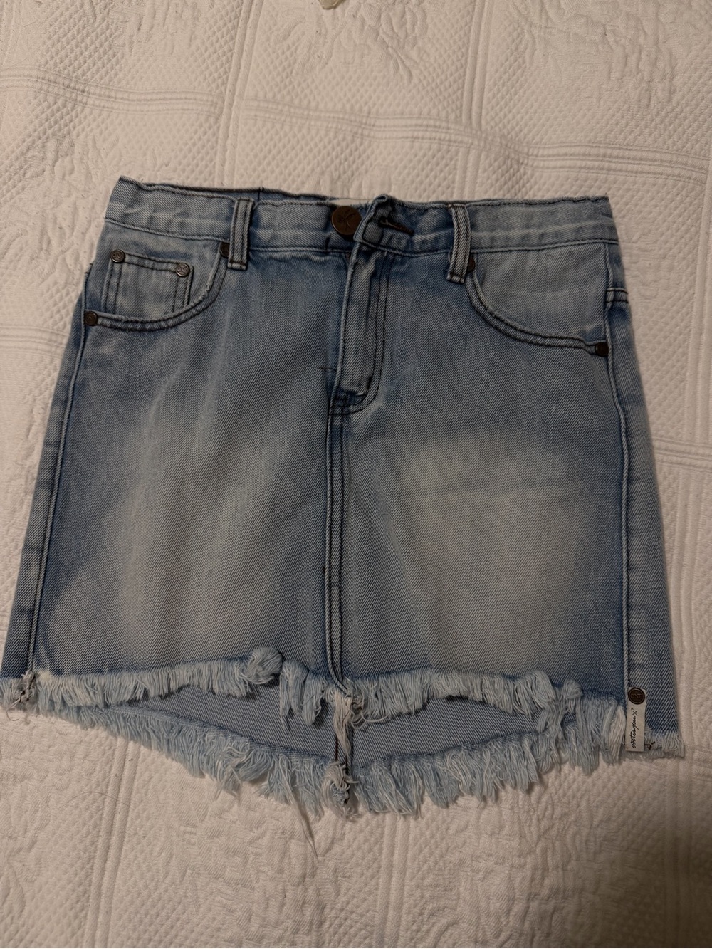 One Teaspoon Light Blue Frayed Hem Denim Mini Skirt